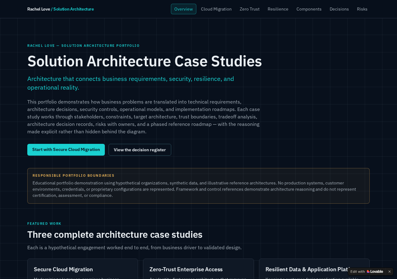 Solution Architecture Case Studies homepage showing the three featured architecture case studies and decision-focused portfolio framing.